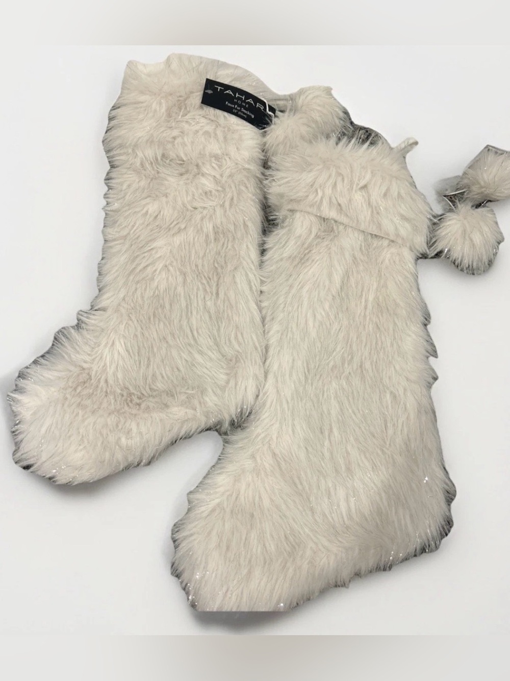 2 pc Tahari White Silver Tinsel Faux Fur Christmas Holiday Stockings Set Luxury